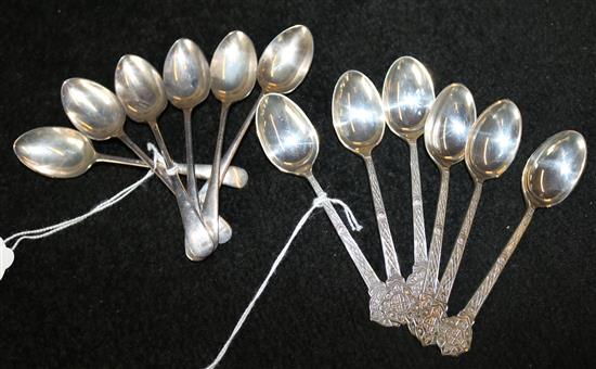 Set of 6 silver Celtic pattern coffee spoons and another set of six silver coffee spoons
